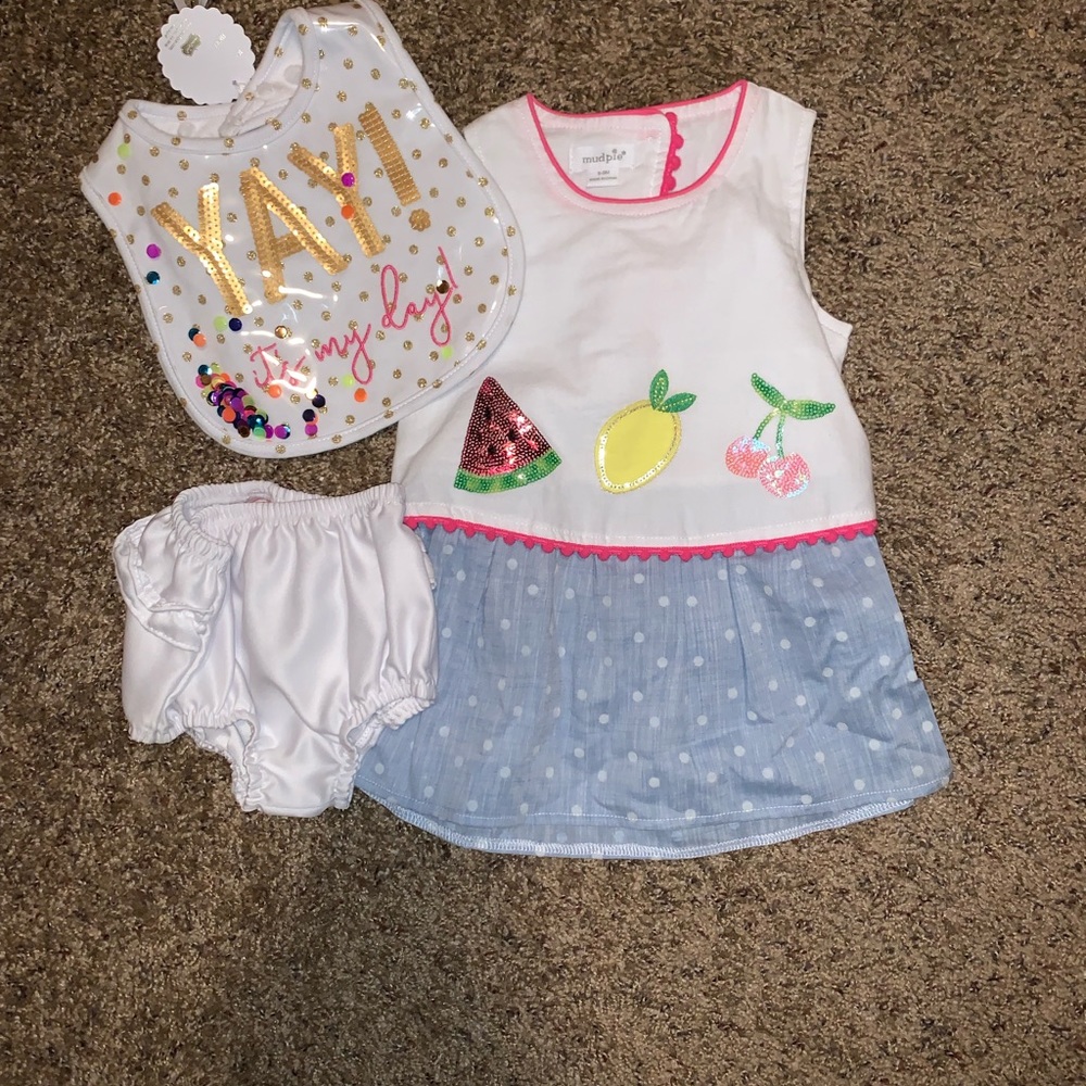6-9 mo mud pie dress, bib, diaper cover. Brand new